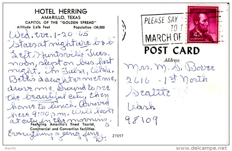 Amarillo Texas, Hotel Herring, Auto, Lodging, C1950s/60s Vintage Postcard - Amarillo