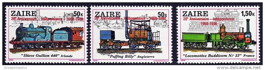 ZAIRE 1980 TRAINS O/PRINT (complete As Issued) MNH  (DEL01) - Treni