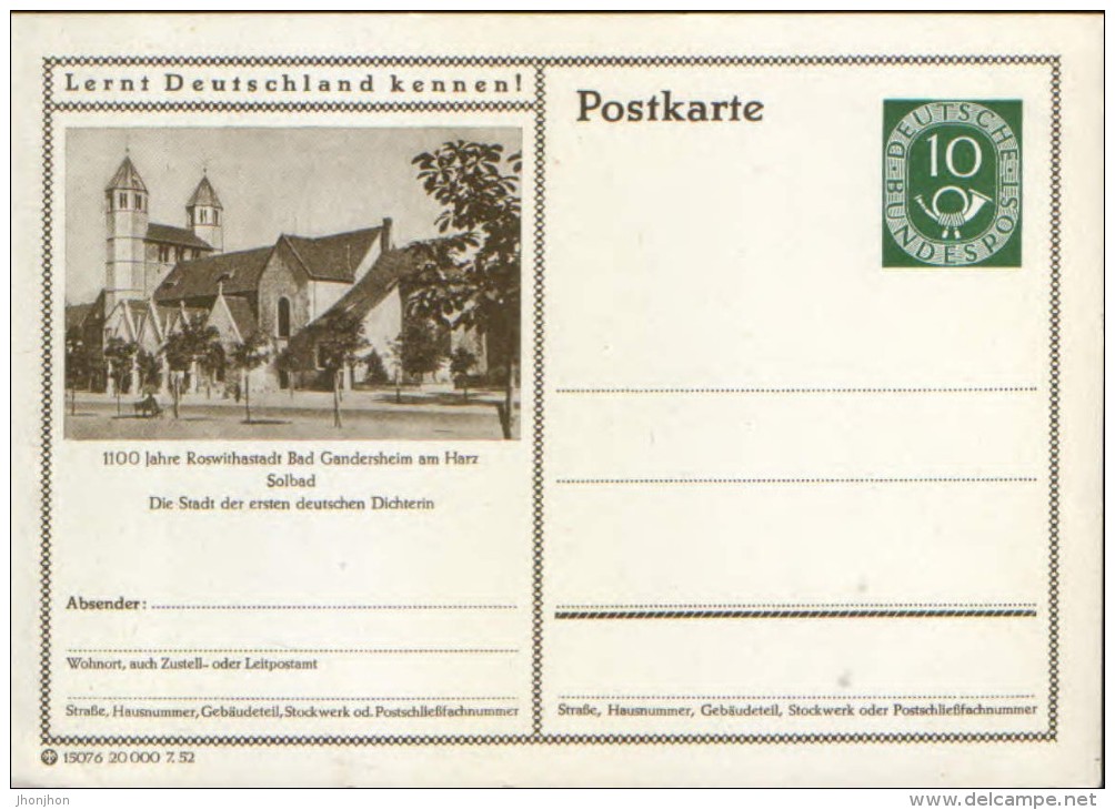 Germany/Federal Republic - Postal Stationery Postcard Unused 1952 - P17,  1100 JahreRoswithastadt Bad Gandersheim - Cartes Postales Illustrées - Neuves