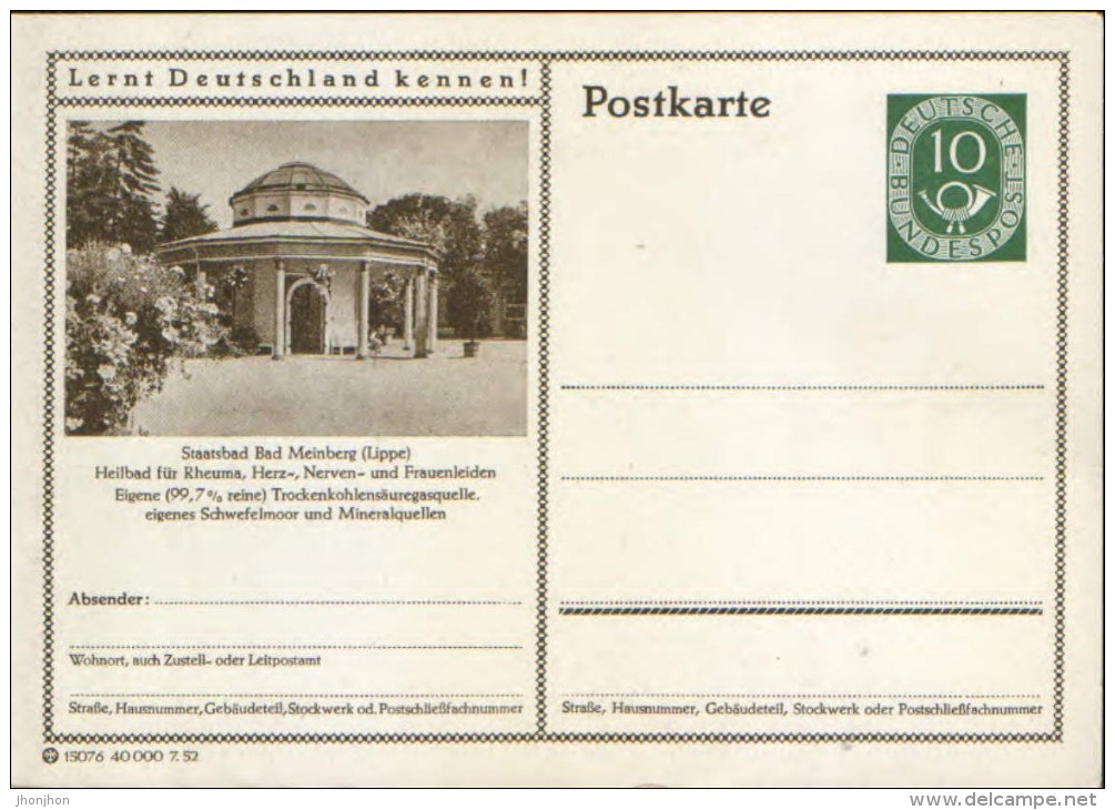 Germany/Federal Republic - Postal Stationery Postcard Unused 1952 - P17, Staatsbad Bad Meinberg(Lippe) - Cartes Postales Illustrées - Neuves