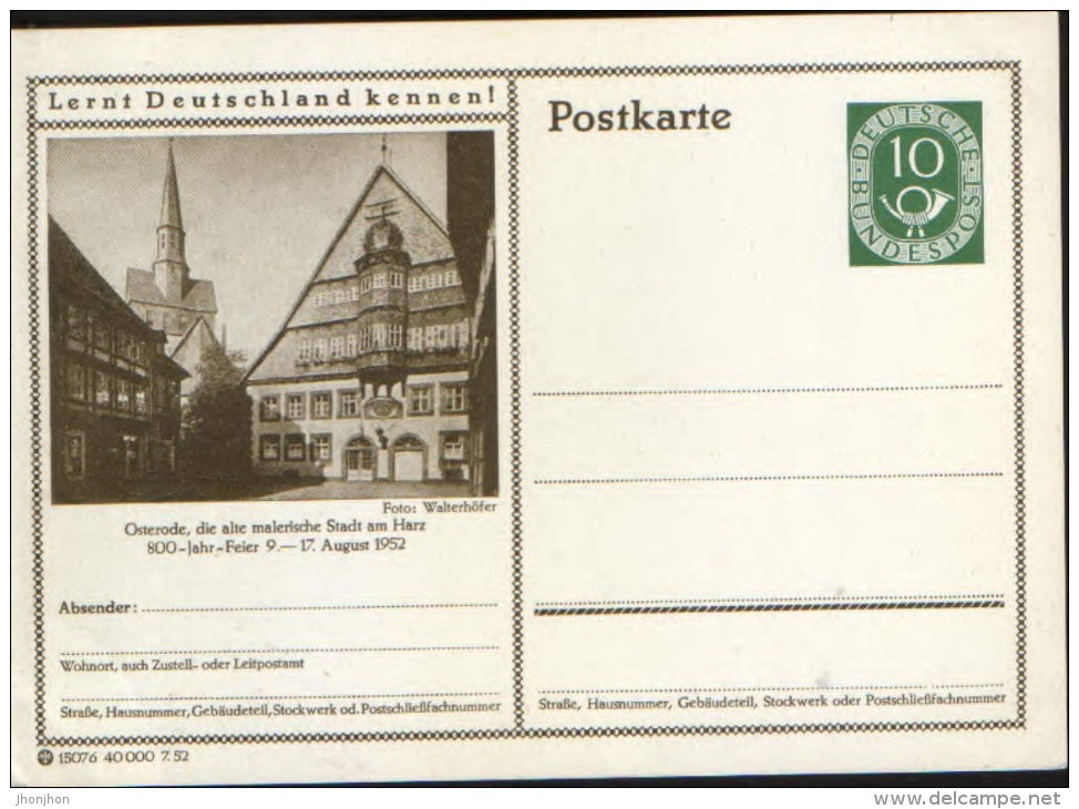 Germany/Federal Republic - Postal Stationery Postcard Unused 1952 - P17,  Osterode - Cartes Postales Illustrées - Neuves
