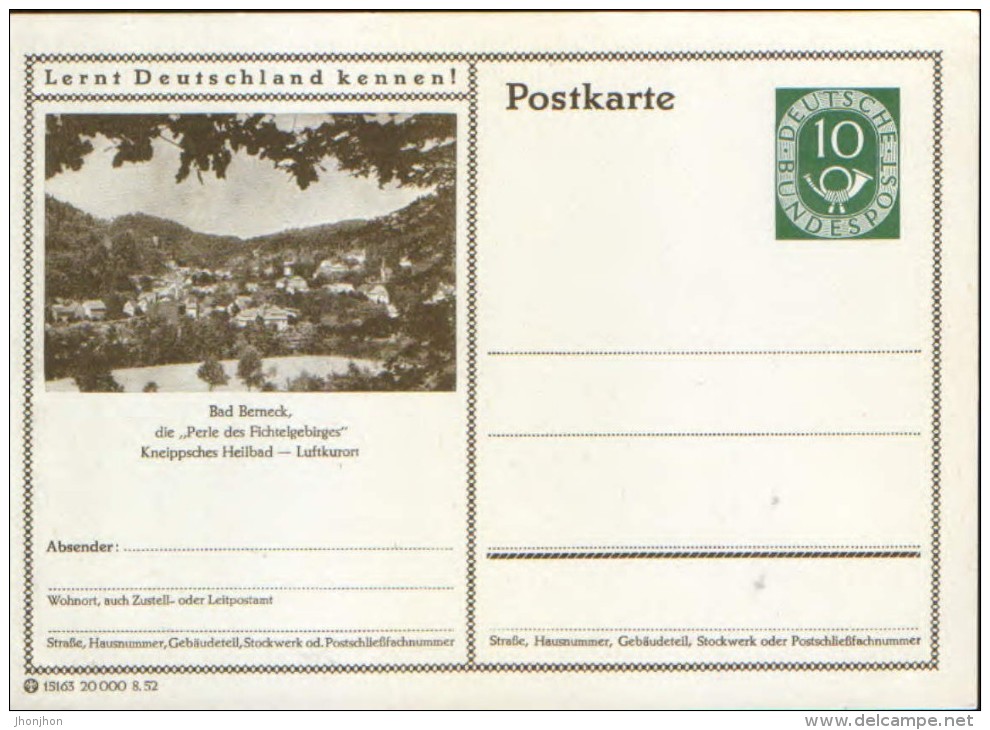 Germany/Federal Republic - Postal Stationery Postcard Unused 1952 - P17, Bad Berneck - Cartes Postales Illustrées - Neuves