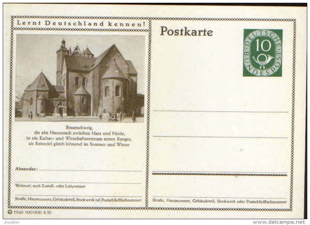 Germany/Federal Republic - Postal Stationery Postcard Unused 1952 - P17, Braunschweig - Illustrated Postcards - Mint