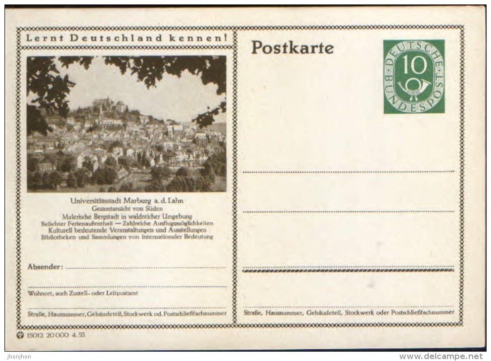 Germany/Federal Republic - Postal Stationery Postcard Unused 1952 - P17,  Universitätsstadt Marburg - Geïllustreerde Postkaarten - Ongebruikt