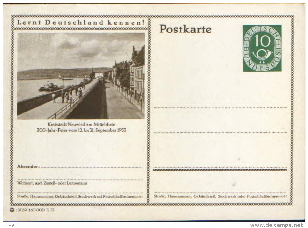 Germany/Federal Republic - Postal Stationery Postcard Unused 1952 - P17, Kreisstadt Neuwied Am Mitelrhein - Cartes Postales Illustrées - Neuves