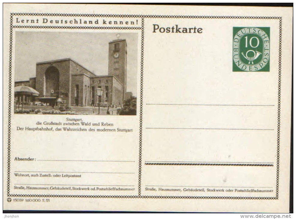 Germany/Federal Republic - Postal Stationery Postcard Unused 1952 - P17, Stuttgart, Der Hauptbahnhof - Cartes Postales Illustrées - Neuves