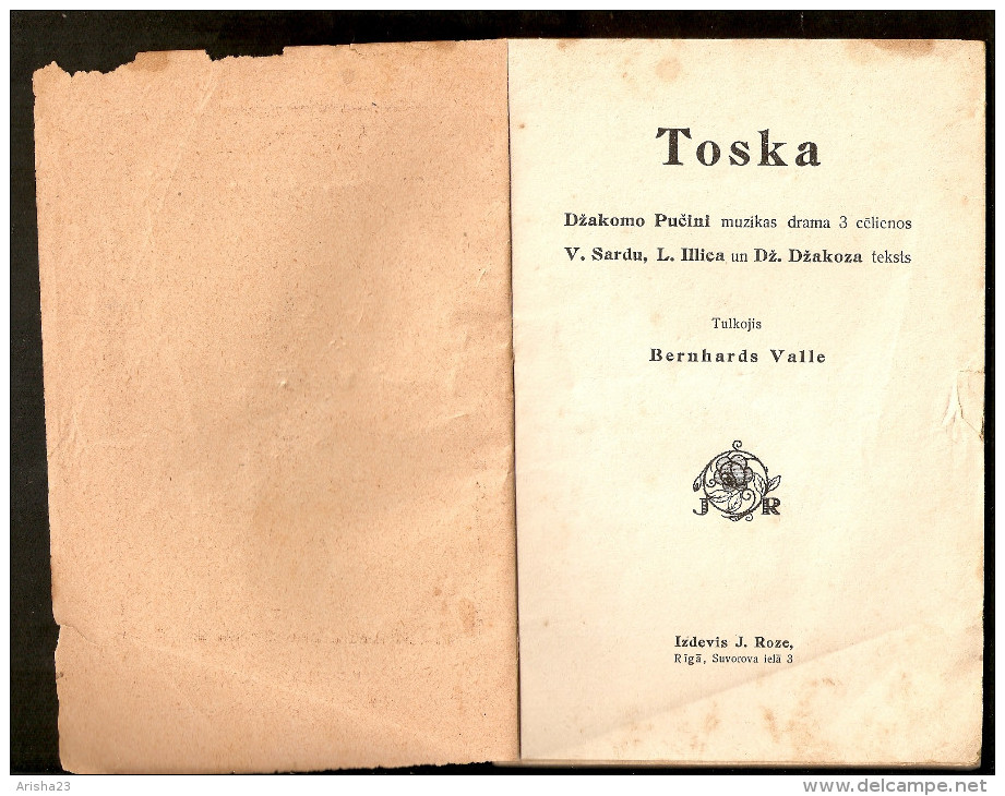 Latvia Old Book Dzhakomo Puchini MUSICAL Operetta DRAMA TOSKA 64 Pages - Publisher J. Roze Riga - Theatre