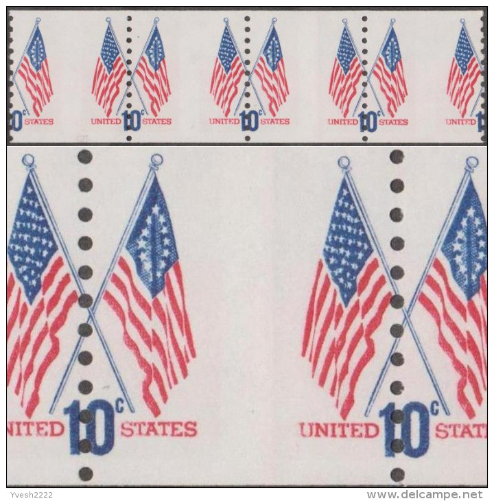 Etats-Unis 1973  Y&T 1009a. Bande De 4 Roulette, Piquage à Cheval. Stars And Stripes, Premier Drapeau Et Drapeau De 1973 - Timbres