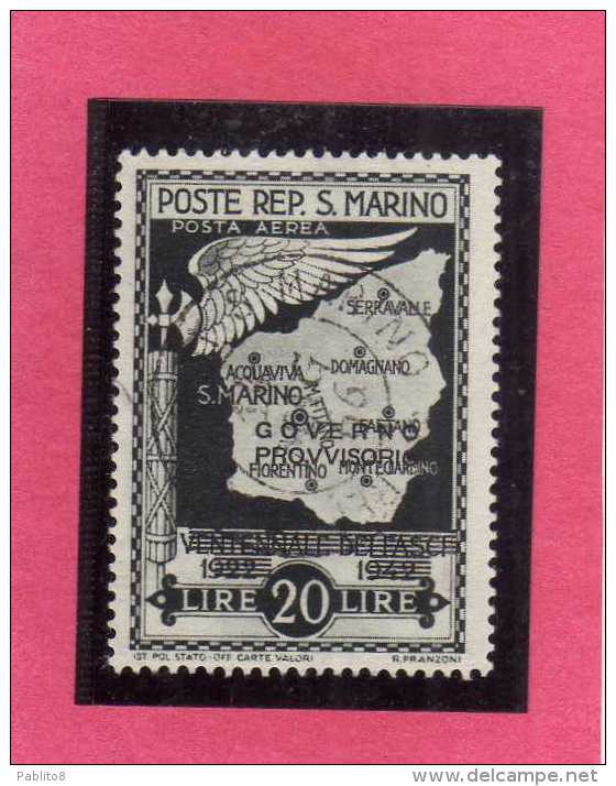 SAN MARINO 1943 GOVERNO PROVVISORIO PROVISIONAL GOVERNMENT AIR MAIL POSTA AEREA LIRE 20 USATO USED - Usati