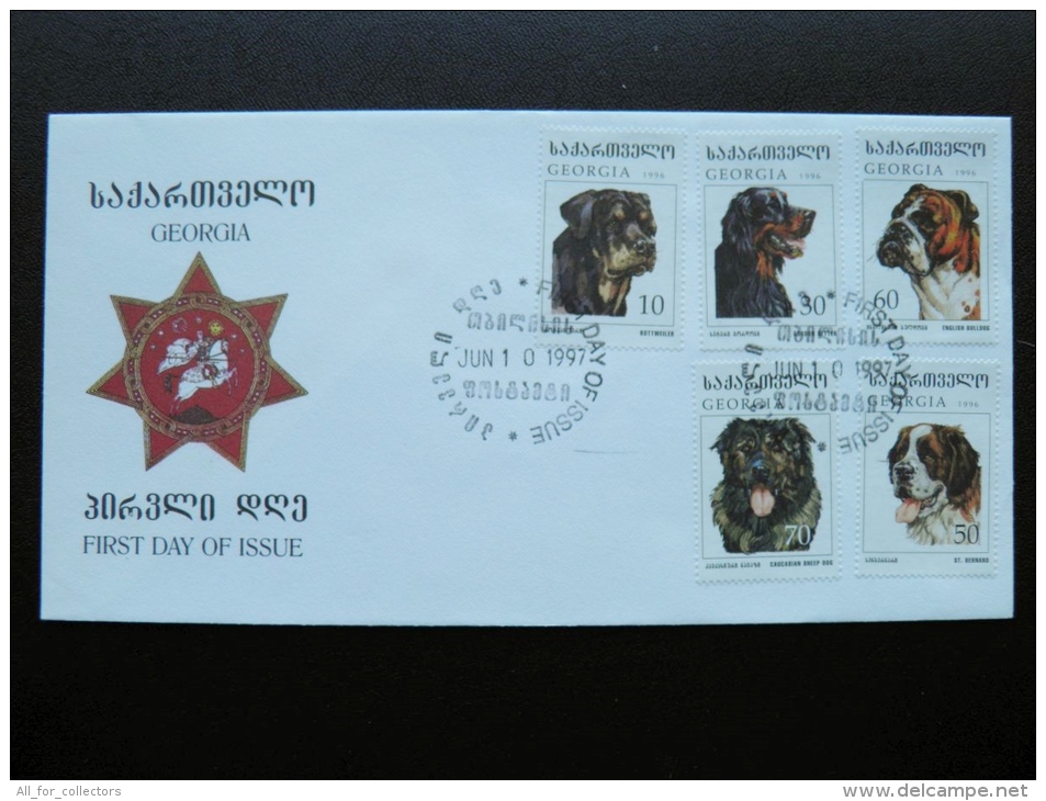 FDC Cover From Georgia 1997 Animal Fauna Dog Setter Rottweiler Bulldog Sheep Bernard Set - Géorgie