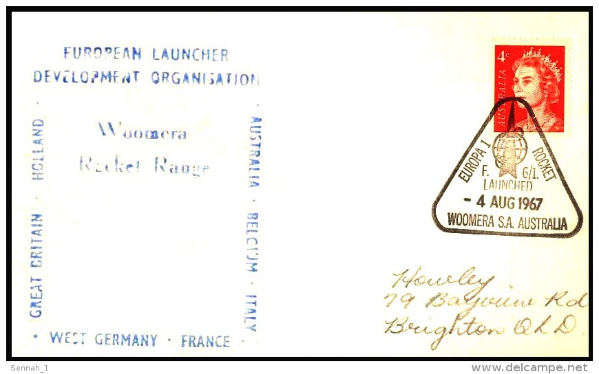 Australien / Australia: Stempel 'Rakete Europa-1 F 6/1, 1967' / Cancel 'European Space Rocket', Woomera - Oceania