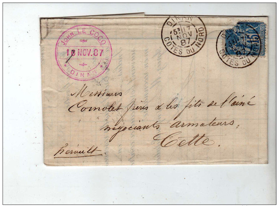 YT 90 Sur Lettre - 1887 - CAD Dinan + Cette + Ambulant IP8 + Perso Rose - Banque Le Cocq / Armateur Comolet - 1876-1898 Sage (Type II)