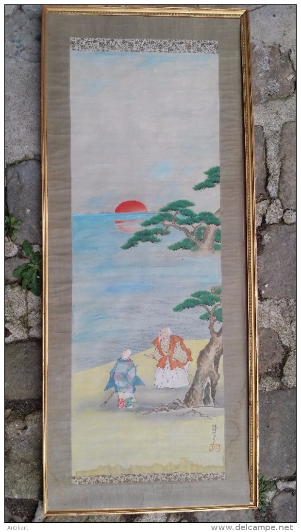CHINE - Grand Coucher De Soleil Aux Deux Vieillards Milieu XXe Peinture Sur Soie Signée 48x117 Cm - Art Asiatique