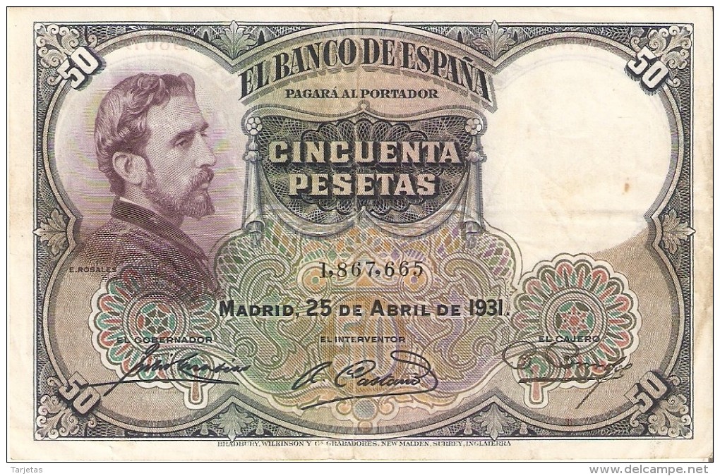 BILLETE DE 50 PTAS DE 1931 E. ROSALES SIN SERIE CALIDAD BC   (BANKNOTE) - 50 Pesetas