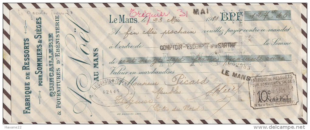 MANDAT A ORDRE 1921 FABRIQUE DE RESSORTS QUINCAILLERIE A NOEL LE MANS - 1900 – 1949