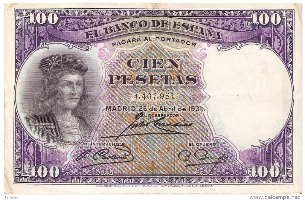 BILLETE DE ESPAÑA DE 100 PTAS DEL AÑO 1931 BC+ SIN SERIE  (BANKNOTE) - 100 Pesetas