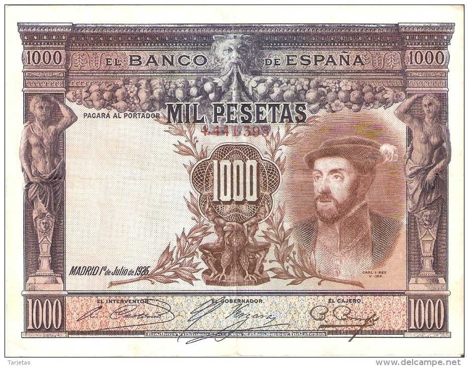 BILLETE DE ESPAÑA DE 1000 PTAS DEL AÑO 1925 DE CARLOS I CALIDAD MBC  SIN SERIE (BANKNOTE) - 1000 Pesetas