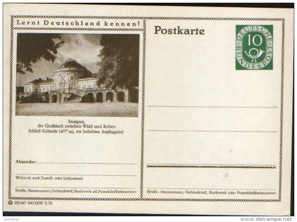 Germany/Federal Republic - Postal Stationery Postcard Unused 1952 -P17,Stuttgart Schloss Solitude - Cartes Postales Illustrées - Neuves
