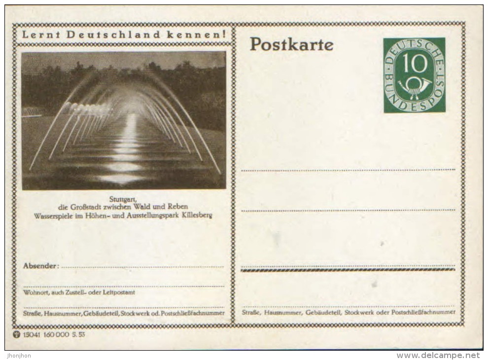 Germany/Federal Republic - Postal Stationery Postcard Unused 1952 -P17,Stuttgart  Wasserspiele Im Hohen - Cartes Postales Illustrées - Neuves