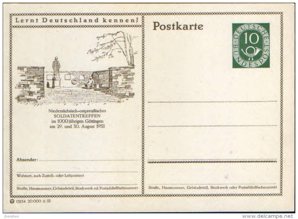 Germany/Federal Republic -stationery Card Unused 1952 -P17, Göttingen ,Niedersächsisch - Ostpreußisches Soldatentreffen - Cartes Postales Illustrées - Neuves