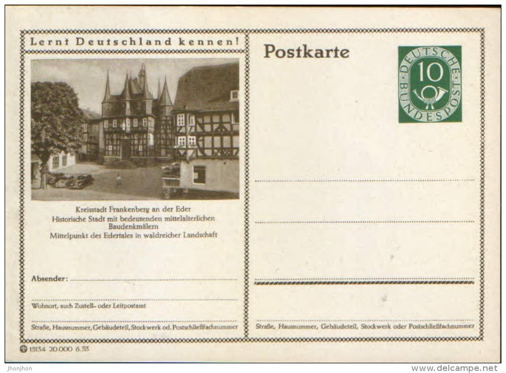 Germany/Federal Republic - Postal Stationery Postcard Unused 1952 -P17, Kreisstadt Frankenberg - Cartes Postales Illustrées - Neuves