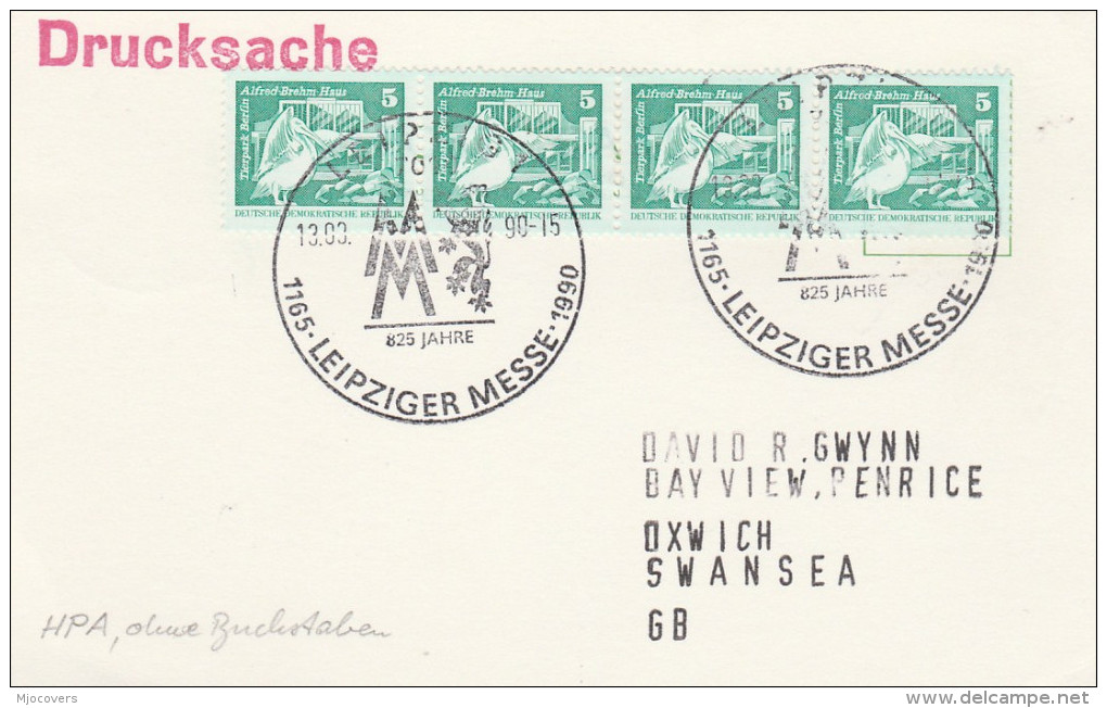 1990 EAST GERMANY EVENT COVER (card) 4x PELICAN Bird Stamps ,  LEIPZIG FAIRE Birds - Pélicans