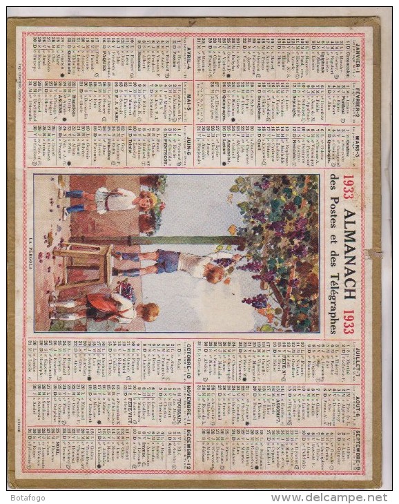 CALENDRIER ALMANACH 1933 LA LOIRE , THEME  LA PERGOLA - Big : 1921-40