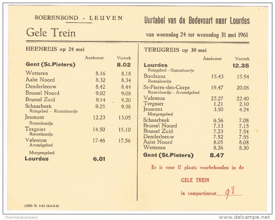 Horaires 1961 Gele Trein, Boerenbond-Leuven - Gent (St. Pieters) / Lourdes / Gent - Europe