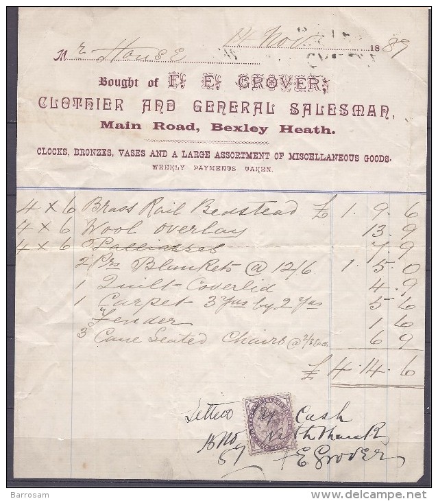 GreatBritain1889: Michel65 On BILL Of SALE - Lettres & Documents