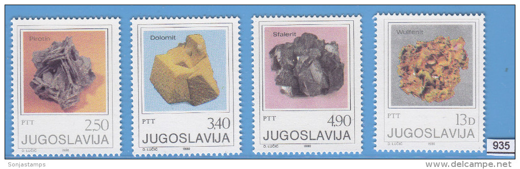 YUGOSLAVIA 1980; Mi: 1849 - 1852; MNH; Minerals, Pyronit, Dolomit, Sphalerit, Wulfenit - Nuevos