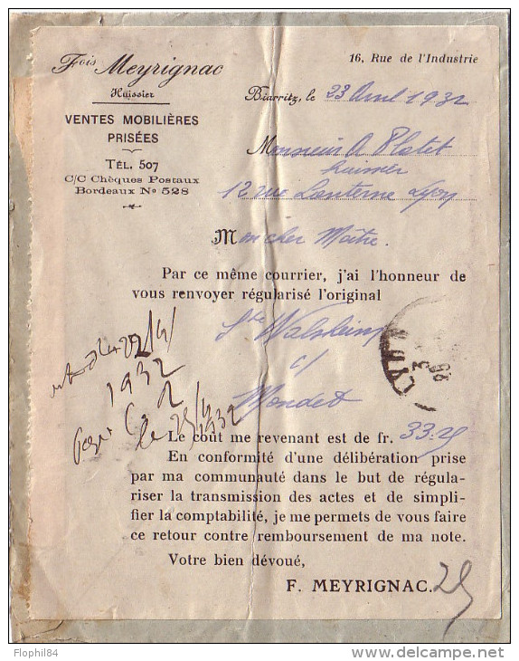 BASSES PYRENEES - LETTRE RECOMMANDEE EN CONTRE REMBOURSEMENT - LE 23-4-1932 - VOIR VERSO - Cachets Manuels