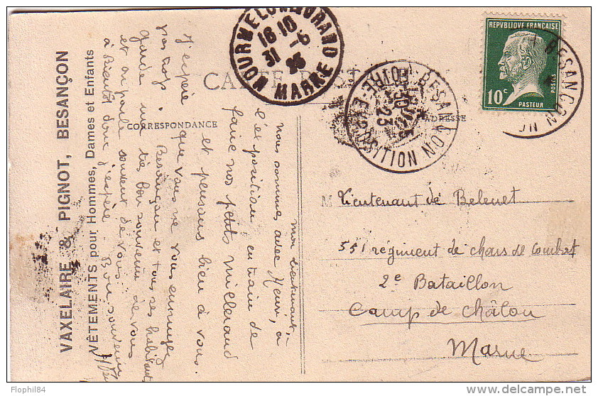 DOUBS - BESANCON - FOIRE EXPOSITION - 30-5-1923 / 10c PASTEUR - CARTE DU PUB VAXELAIRE & PIGNOT VETEMENT BESANCON- CART - Cachets Manuels