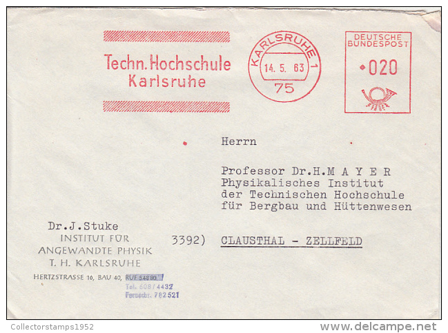 1591- AMOUNT 20, KARLSRUHE, UNIVERSITY METERMARK, REM MACHINE STAMPS ON COVER, 1963, GERMANY - Lettres & Documents
