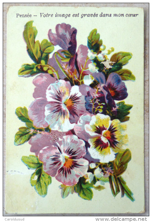 Cpa Litho Chromo Pensée Langage Fleur Image Dans Coeur Voyagé 1908 Timbre Cachet Pointillé Lucquy Longwy Bas - Collections & Lots