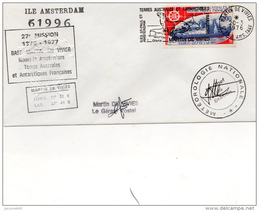 Taaf Amsterdam Base Martin De Vivies Timbre Du Marion Dufresne 20/3/1976 - Lettres & Documents