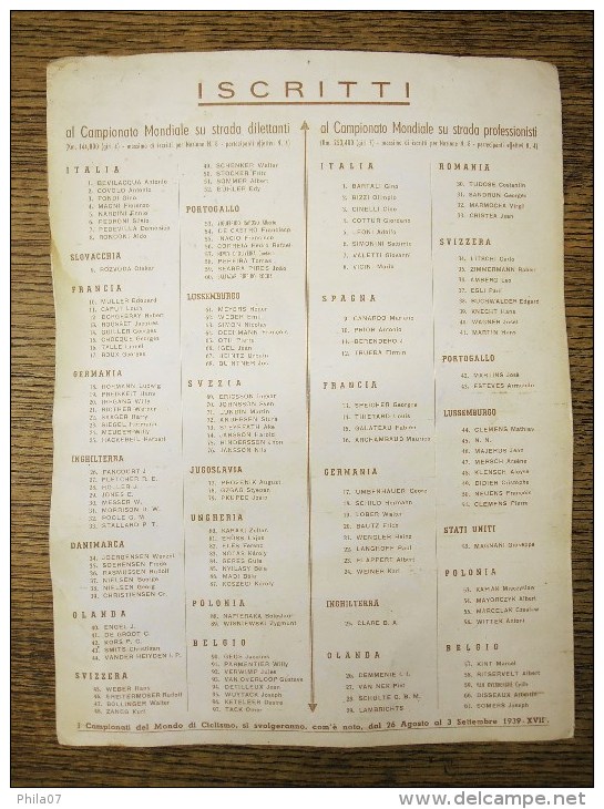 CYCLING PROGRAMME FOR CHAMPIONSHIP 1939. THAT WAS NOT HELD BECAUSE OF BEGINNING OF WWII.