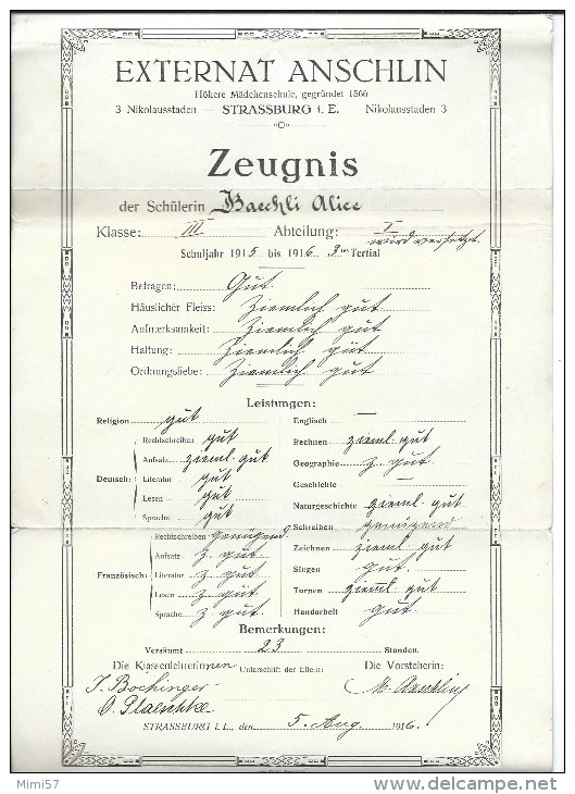 STRASBOURG - Bulletin SCOLAIRE 1916 -  EXTERNAT ANSCHLIN - Diplomi E Pagelle