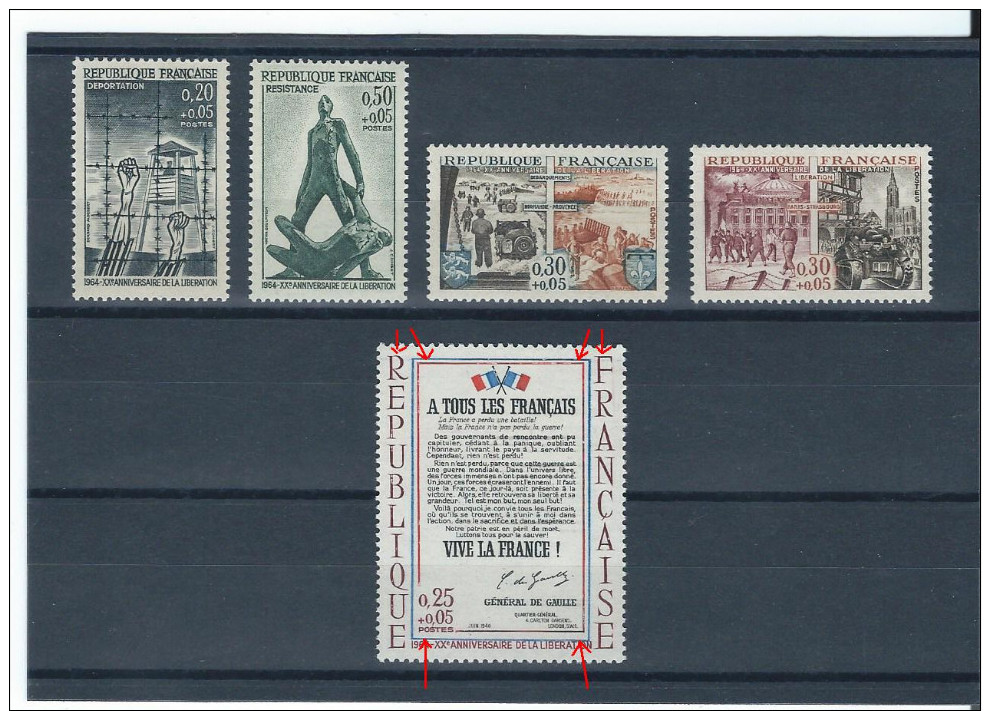 N°1407/1411 LA SERIE 5 TIMBRES FRANCE LUXE N°1408 DECALAGE DU CADRE BLEU VERS LE BAS 1964 - Neufs