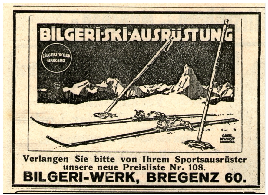 Original-Werbung/Inserat/ Anzeige 1914 - BILGERI SKI-AUSRÜSTUNG / BILGERI - WERK BREGENZ - Ca. 70 X 55 Mm - Werbung