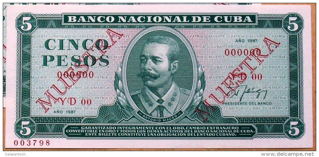 Billete MUESTRA 1987 (SPECIMEN), De CINCO PESOS, UNC. Ultimas Emisiones De Este Diseño - Cuba