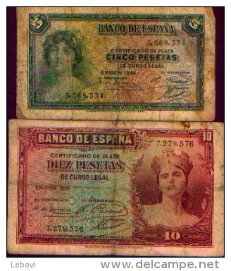 Espagne - Lot De 2 Billets : 5 Et 10 Pesetas 1935 - Sonstige & Ohne Zuordnung