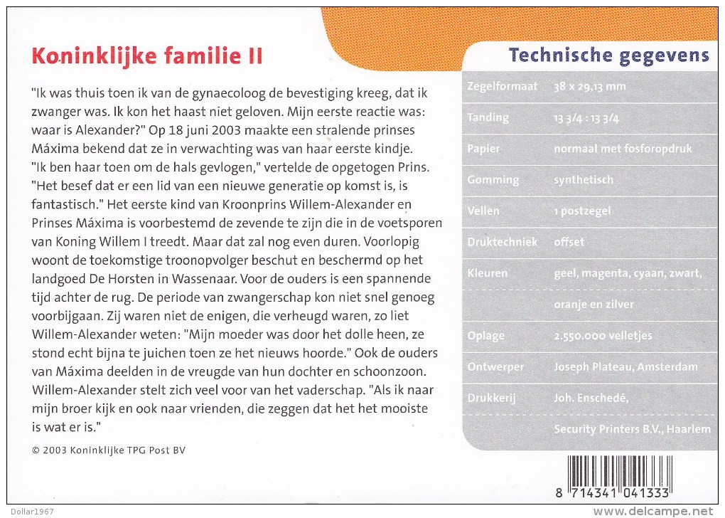 Koninklijke Familie Ll 7-12- 2003 Mapje 290c- Royal Family Ll 7-12-2003 Folder 290c - Neufs