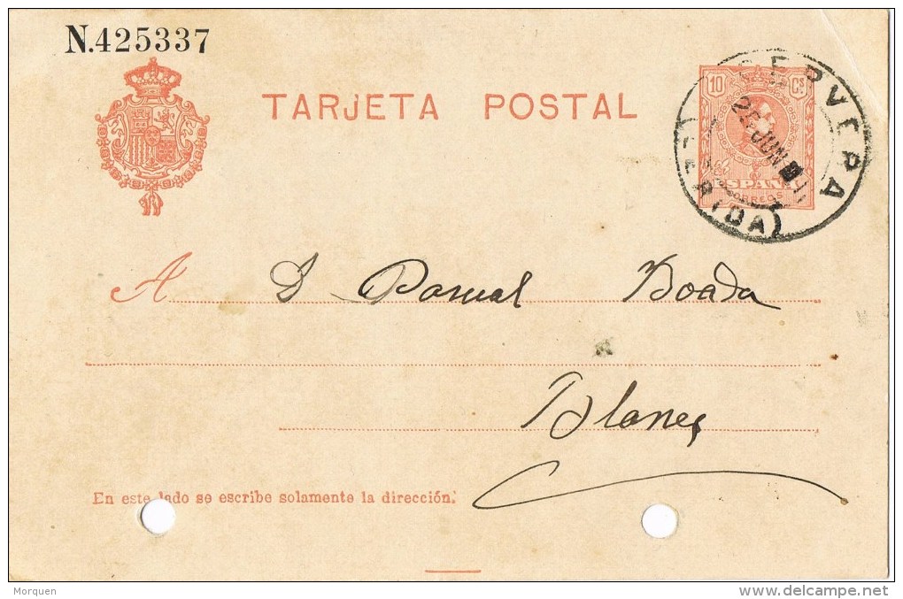10417. Entero Postal CERVERA (Lerida) 1911. Alfonso XIII Medallon - 1850-1931