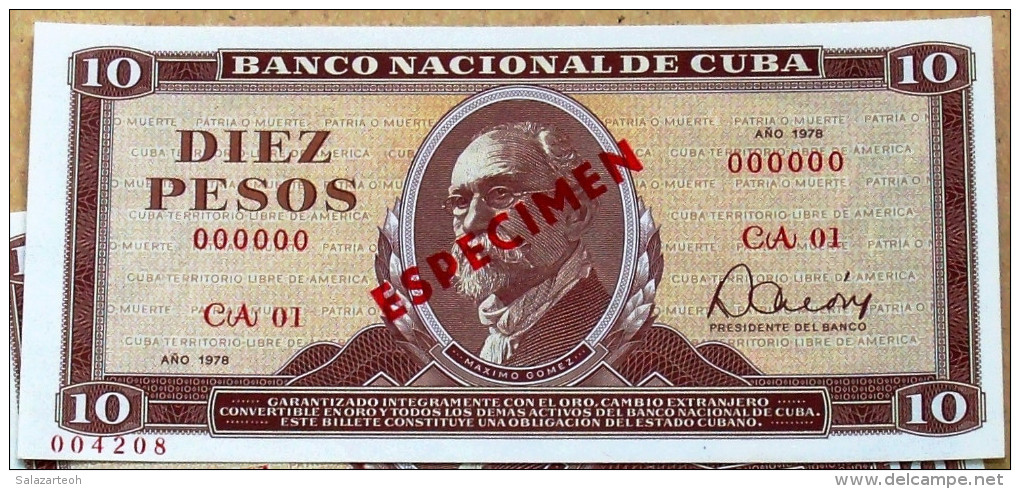 Billete De 1978, (10) DIEZ PESOS SPECIMEN, UNC. Primeros Años De La Revolución Cubana. - Cuba