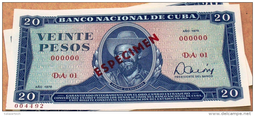 Billete De 1978 De VEINTE (20) PESOS SPECIMEN, UNC. Primeros Años De La Revolución Cubana. - Cuba