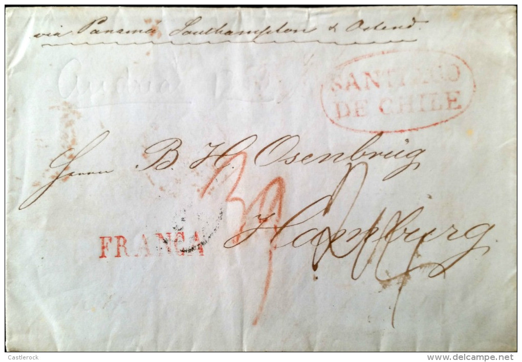 O)1853 CHILE, COMPLETE LETTER MARITIME MAIL, FROM SANTIAGO DE CHILE RED OVAL MARK, TO HAMBURG IN GERMANY, COMMERCIAL LET - Chile