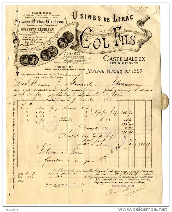 47  CASTELJALOUX  FABRIQUE DE CIERGES CIRES MIELS ETC    COL FILS  USINES DE LIRAC    FACTURE 1886 - Droguerie & Parfumerie