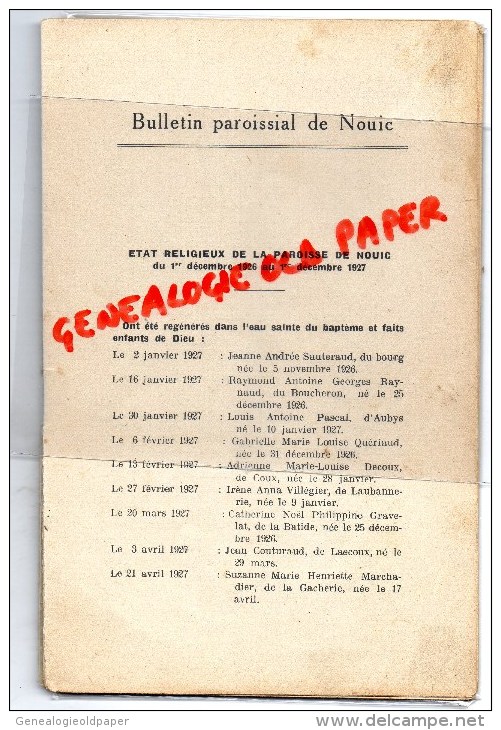 87 - BULLETIN PAROISSIAL DE NOUIC - EGLISE- JANVIER 1928- N° 2-BAPTEME SAUTERAUD- RAYNAUD- QUERIAUD- DECOUX-VILLEGIER- - Limousin