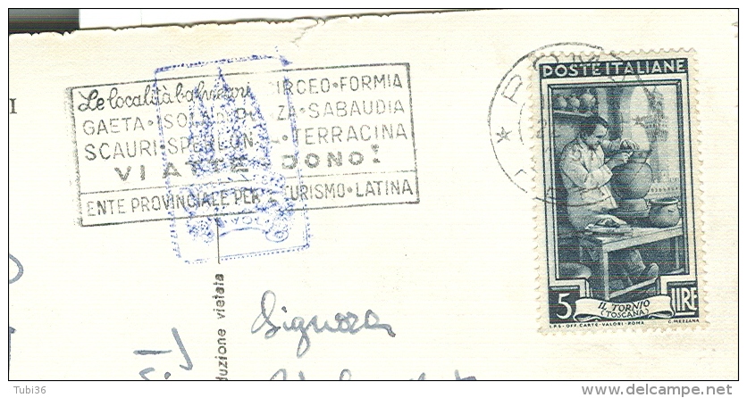 LATINA, LE LOCALITA CIRCEO, FORMIA,....................VI ATTENDONO, 1951,TIMBRO POSTE ROMA TARGHETTA - Hôtellerie - Horeca