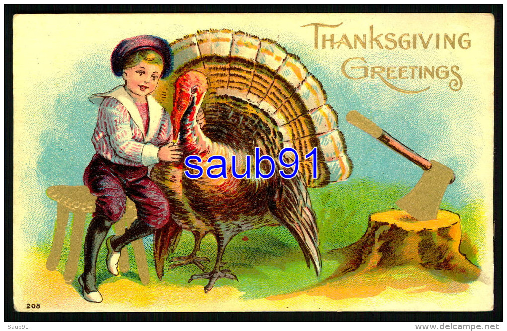 Thanksgiving  Greetings -  Dinde  - Turkey -  Enfant - Hache - - Carte Gaufrée - Embossed Card -  - Illustrateur - Thanksgiving